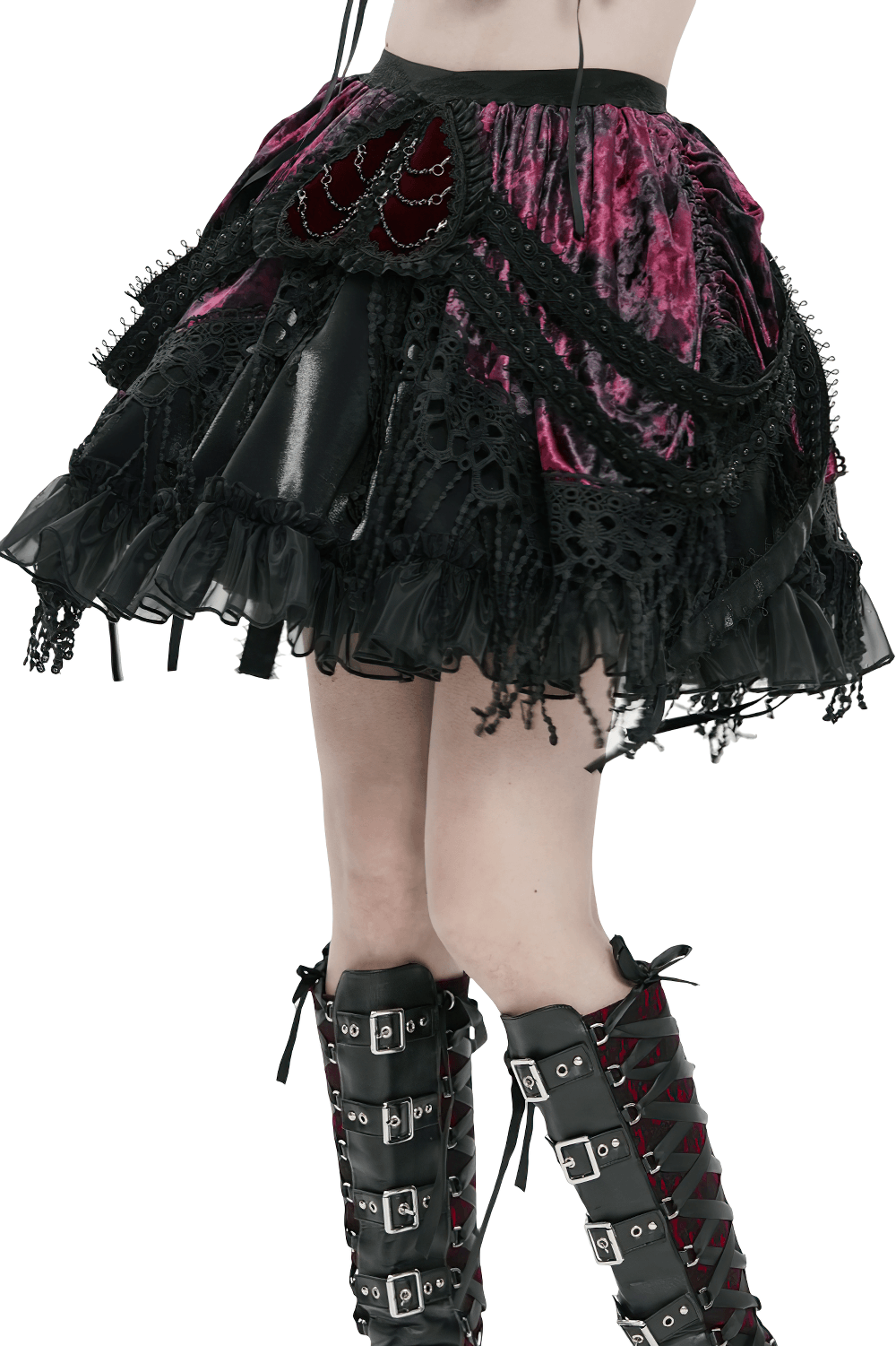 Gothic Elegant Velvet and Lace Layered Skirt featuring burgundy crushed velvet and black lace trims.