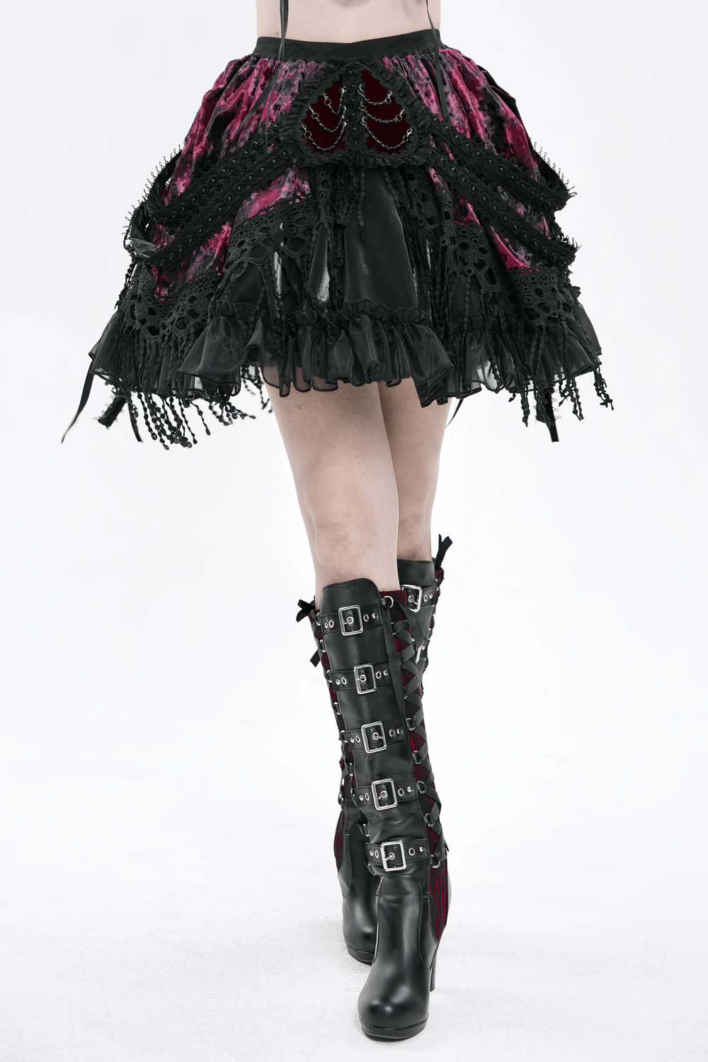 Gothic Elegant Velvet and Lace Layered Skirt featuring ruffles and lace trims in burgundy and black.