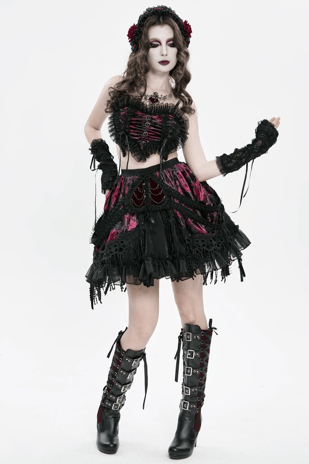 Gothic Elegant Velvet and Lace Layered Skirt showcased by a model in a dramatic Victorian-inspired outfit.