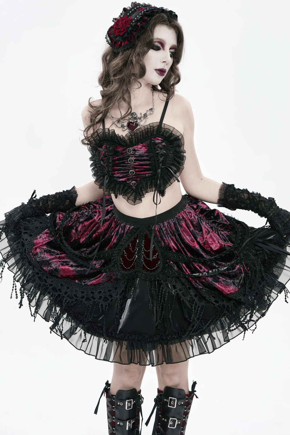 Gothic Elegant Velvet and Lace Layered Skirt worn by a model, featuring ruffles and lace details in burgundy and black.