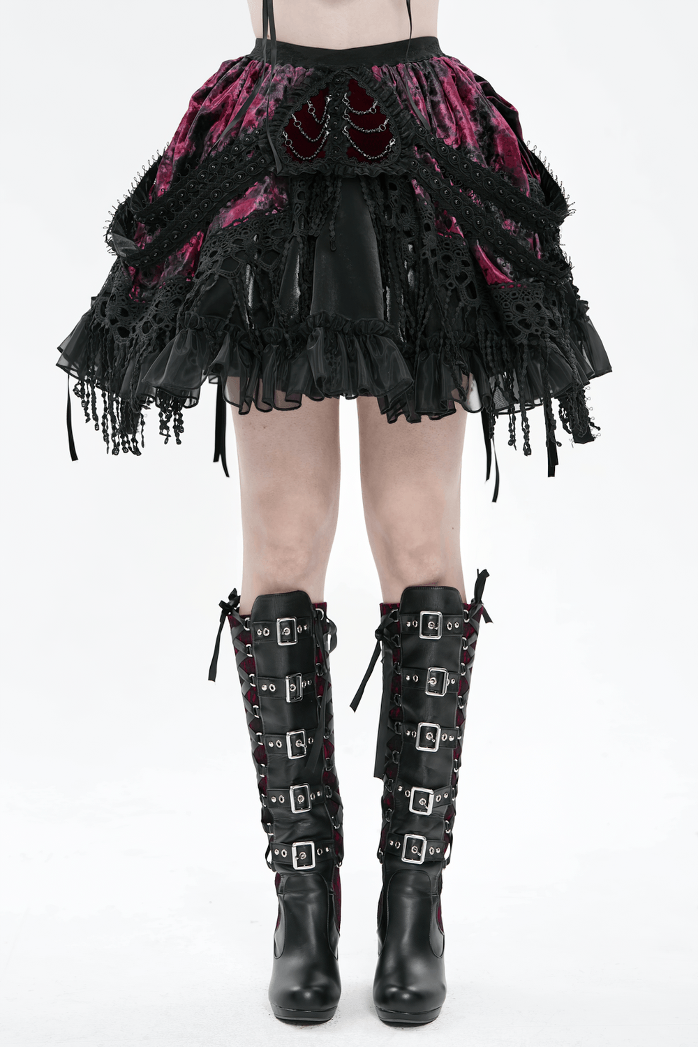 Gothic Elegant Velvet and Lace Layered Skirt featuring ruffles, velvet panels, and edgy lace trims.