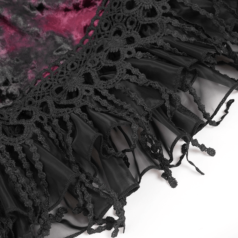 Gothic Elegant Velvet and Lace Layered Skirt featuring intricate black lace trim and ruffled edges.