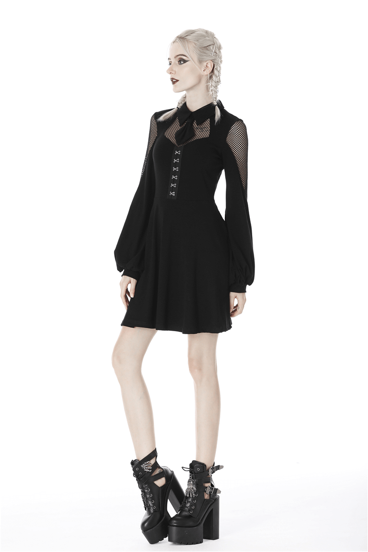Gothic Elegant Women's Dress with Mesh Sleeves and Tie