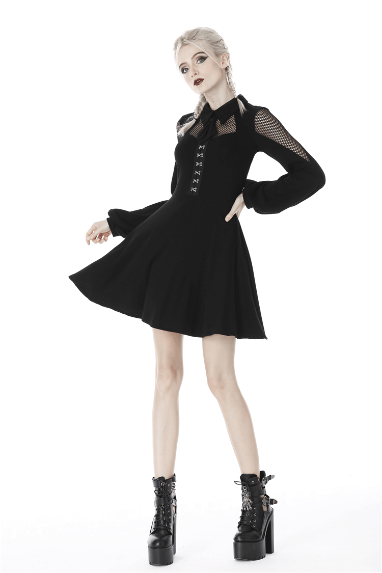 Gothic Elegant Women's Dress with Mesh Sleeves and Tie