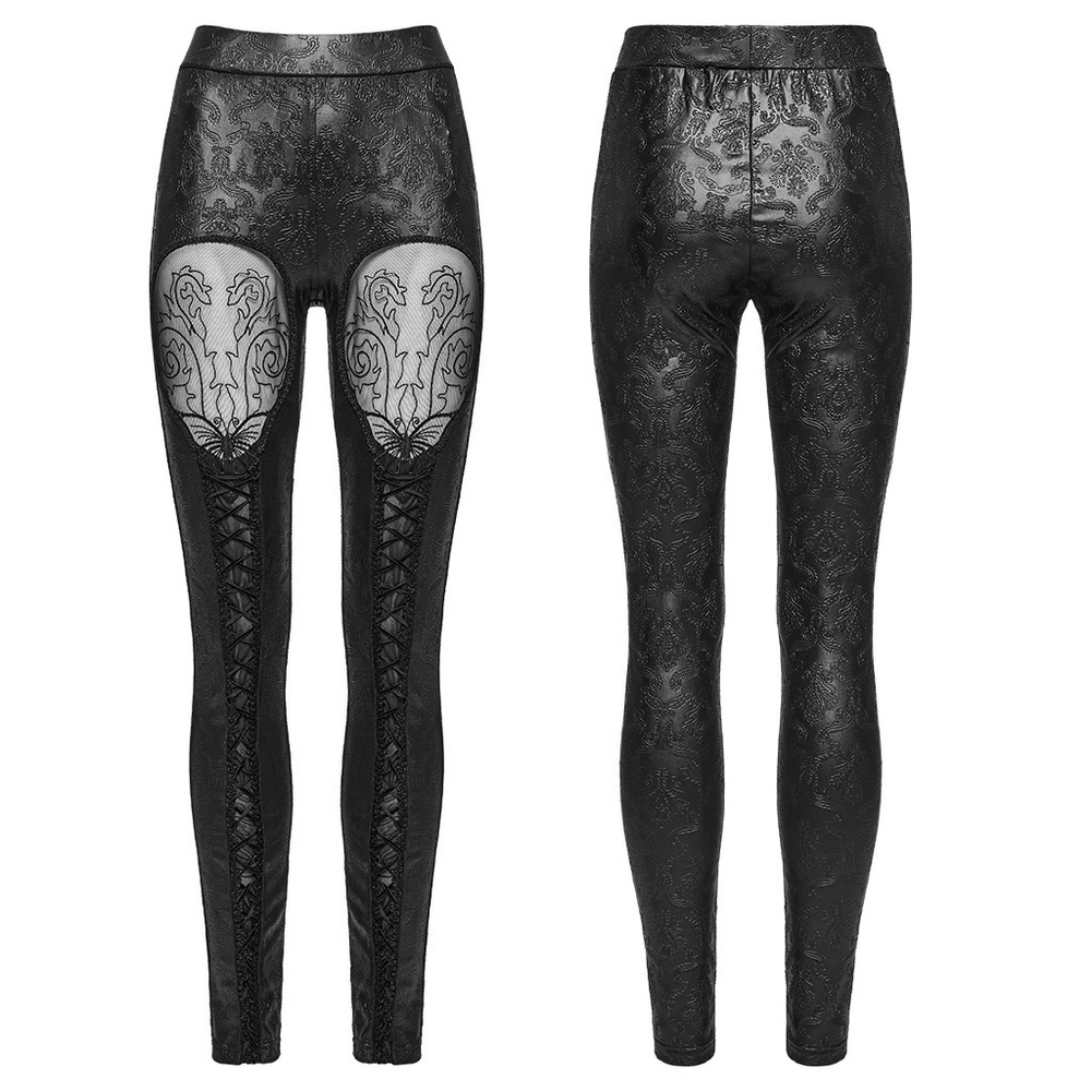 Gothic embossed hollow out leggings with butterfly pattern and vertical drawstrings, perfect for edgy outfits.