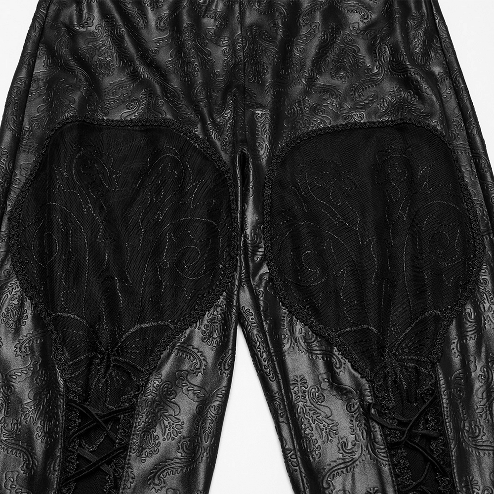 Gothic embossed hollow out leggings featuring butterfly pattern and vertical drawstrings for an edgy look.