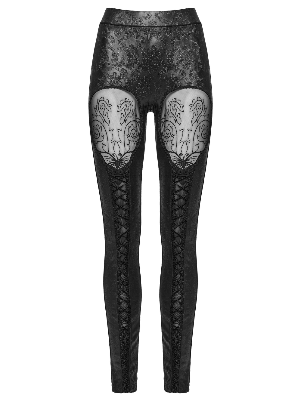 Gothic embossed hollow out leggings with butterfly pattern and drawstrings for an edgy alternative style.
