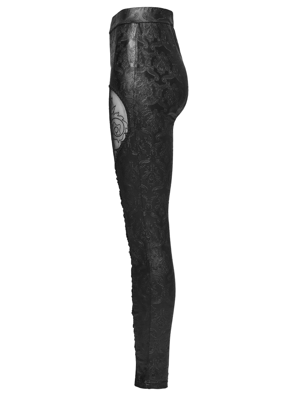 Gothic embossed hollow out leggings featuring butterfly pattern and vertical drawstrings for an edgy look.