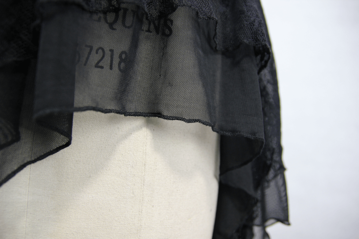 Black ruffled fabric detail showcasing elegant gothic style on a mannequin.