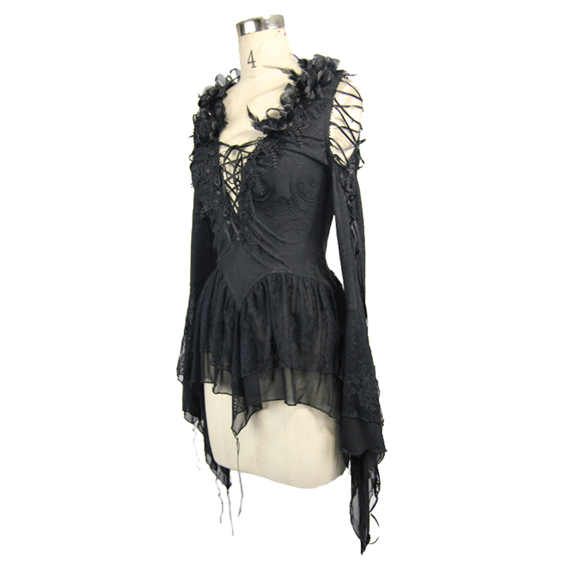 Gothic black top with ruffled flower detailing and deep V-neck, perfect for a stylish vintage look.