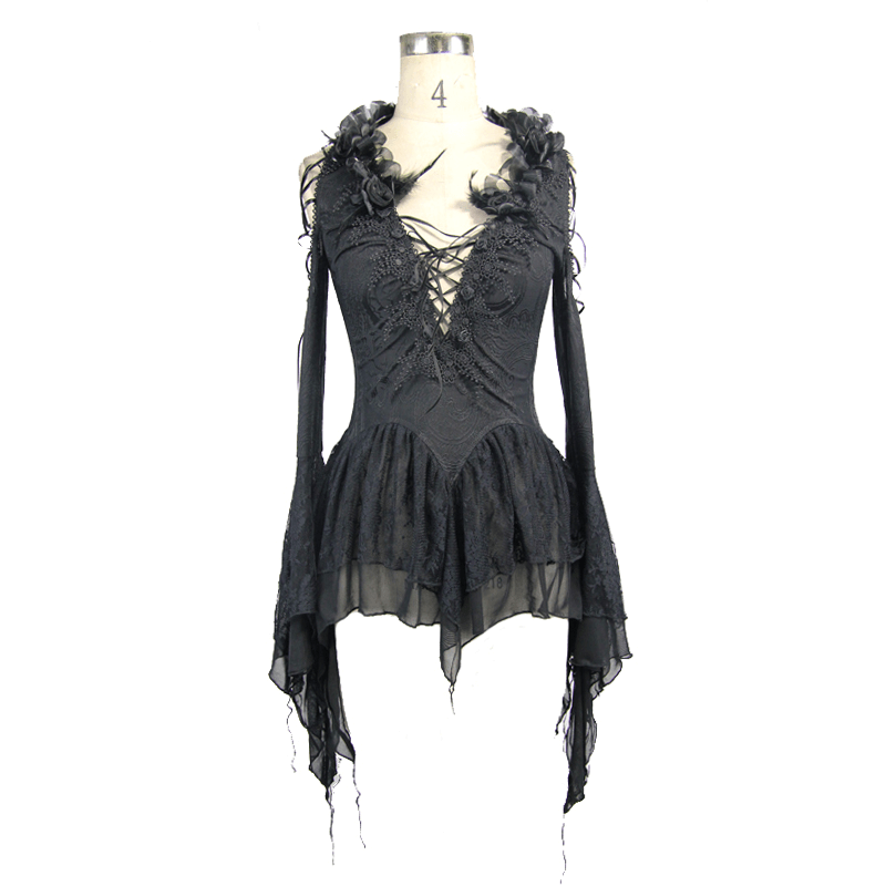 Gothic embroidered deep V-neck top with ruffled hem and flower details, perfect for a stylish black wardrobe.