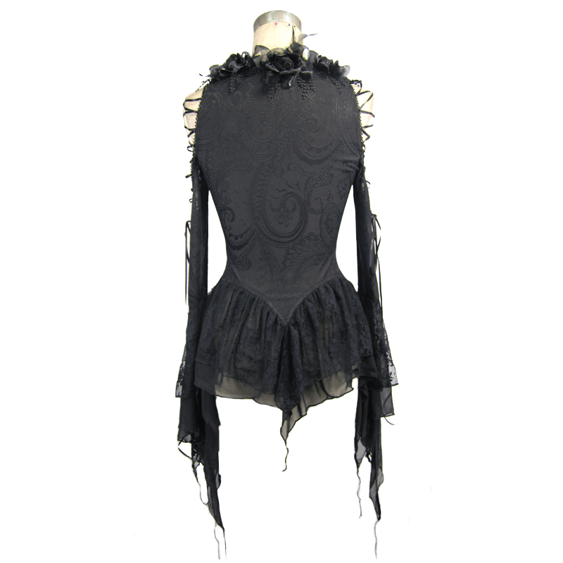 Elegant gothic black top with ruffled hem and floral details, perfect for a stylish, edgy look.