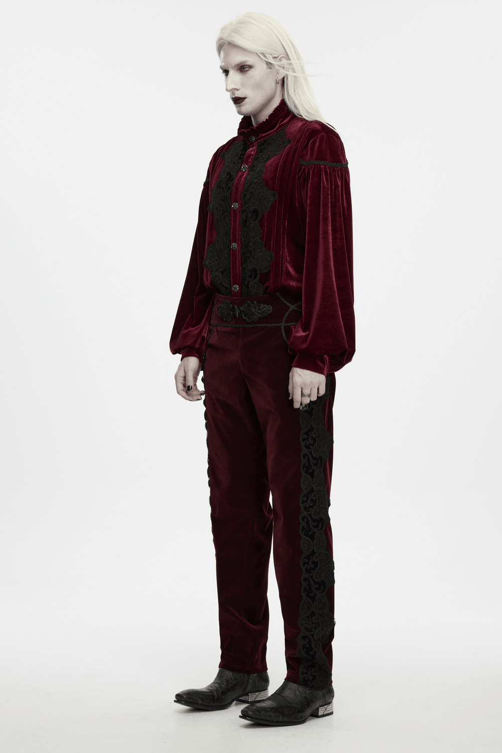 Gothic Embroidered Pants with Lace-Up Back and Frog Button in burgundy velvet with black lace detail