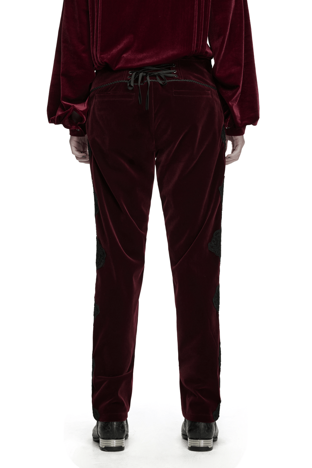 Gothic Embroidered Pants with Lace-Up Back and Frog Button in rich burgundy velvet with dark embroidered accents