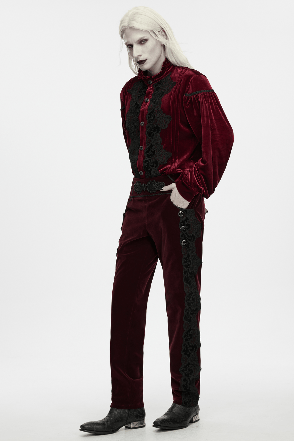 Gothic Embroidered Pants with Lace-Up Back and Frog Button in rich velvet style for dramatic gothic fashion
