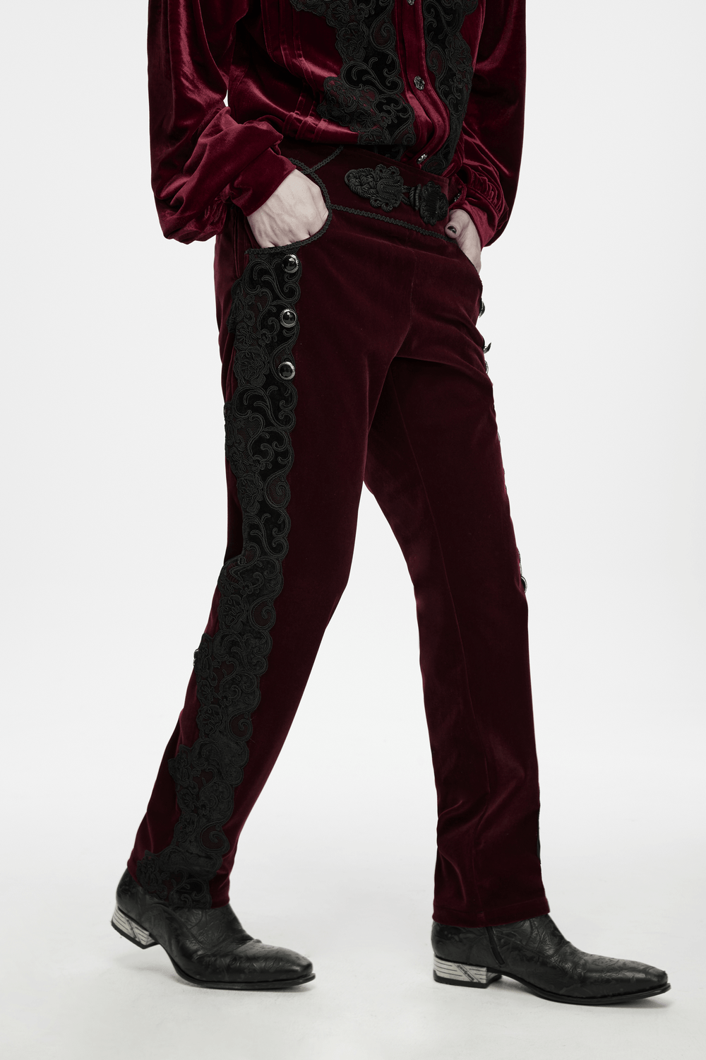 Gothic Embroidered Pants with Lace-Up Back and Frog Button in burgundy velvet with black lace trim