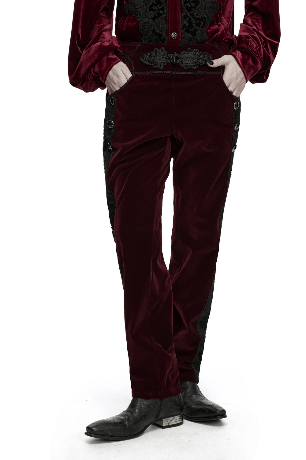 Gothic Embroidered Pants with Lace-Up Back and Frog Button in burgundy velvet with black side trim