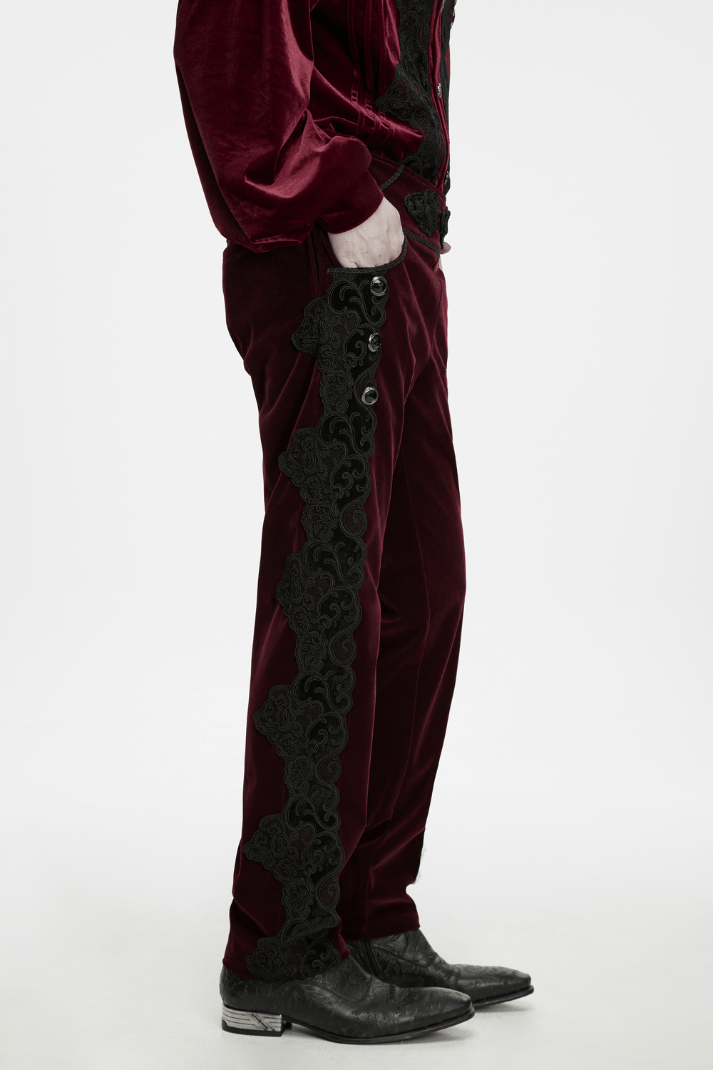 Gothic Embroidered Pants with Lace-Up Back and Frog Button in burgundy velvet with black lace trim