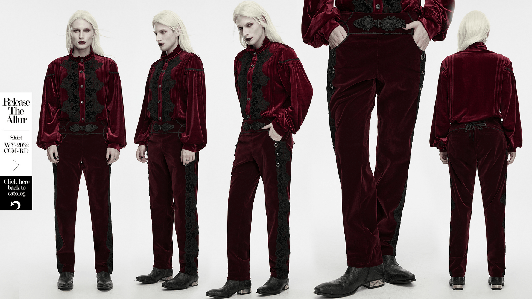 Gothic Embroidered Pants with Lace-Up Back and Frog Button in burgundy velvet with black lace detail, model front and back view