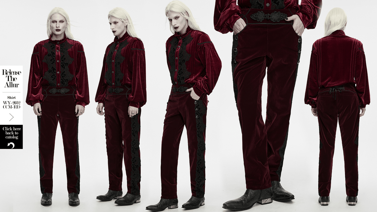 Gothic Embroidered Pants with Lace-Up Back and Frog Button in burgundy velvet with black lace detail, model front and back view