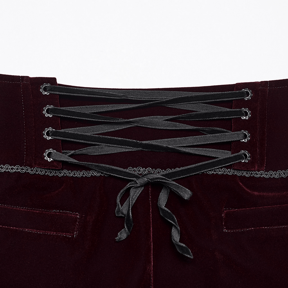 Gothic Embroidered Pants with Lace-Up Back and Frog Button, burgundy velvet back detail with black lacing