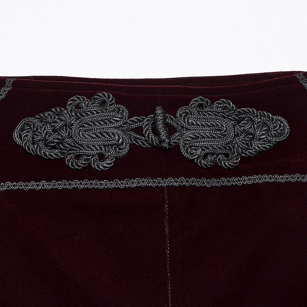 Gothic Embroidered Pants with Lace-Up Back and Frog Button, close-up of ornate black knot closures
