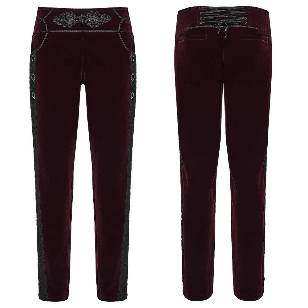 Gothic Embroidered Pants with Lace-Up Back and Frog Button, burgundy velvet pants with embroidered trim and lace-up back
