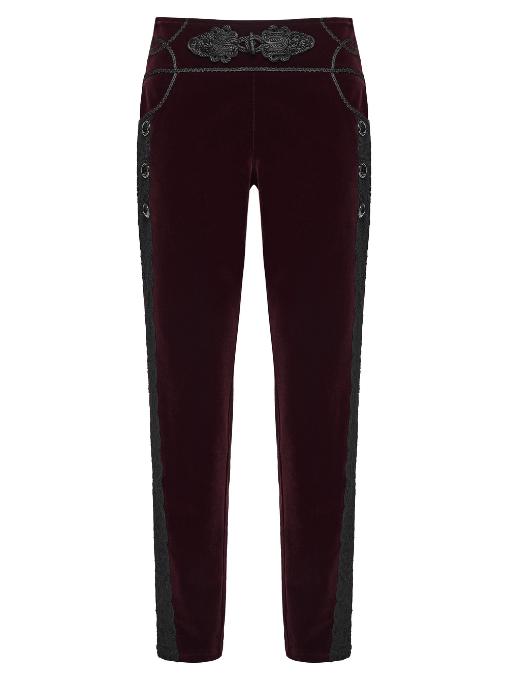 Gothic Embroidered Pants with Lace-Up Back and Frog Button in deep burgundy with ornate black side trim