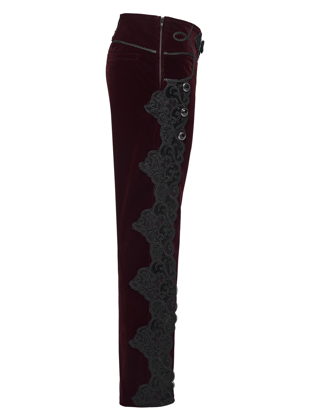 Gothic Embroidered Pants with Lace-Up Back and Frog Button in rich burgundy, elegant side view