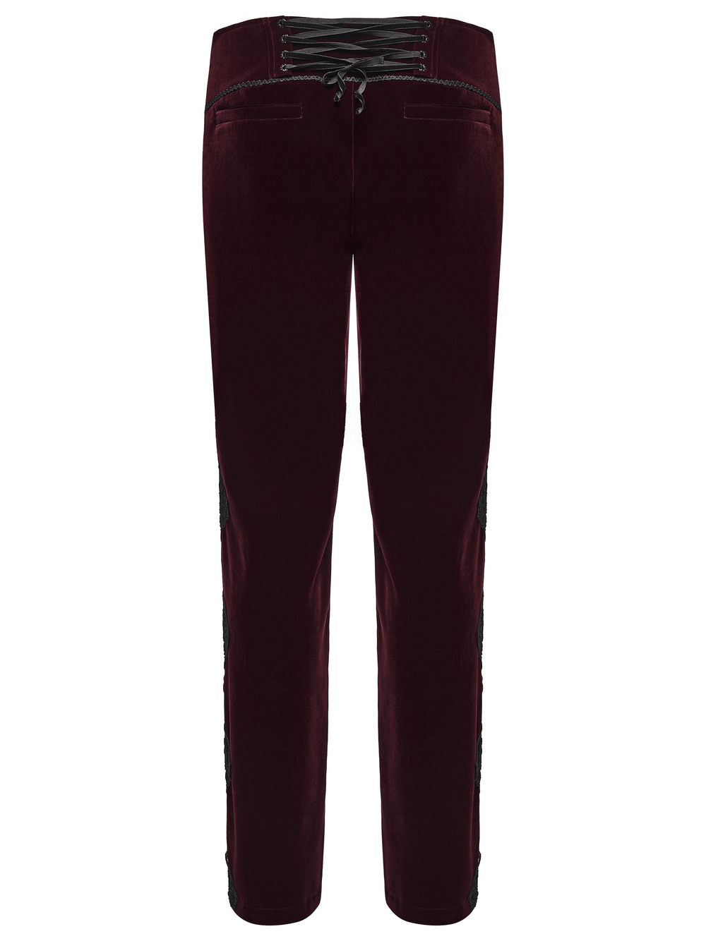 Gothic Embroidered Pants with Lace-Up Back and Frog Button in burgundy velvet, front view with sleek gothic detailing