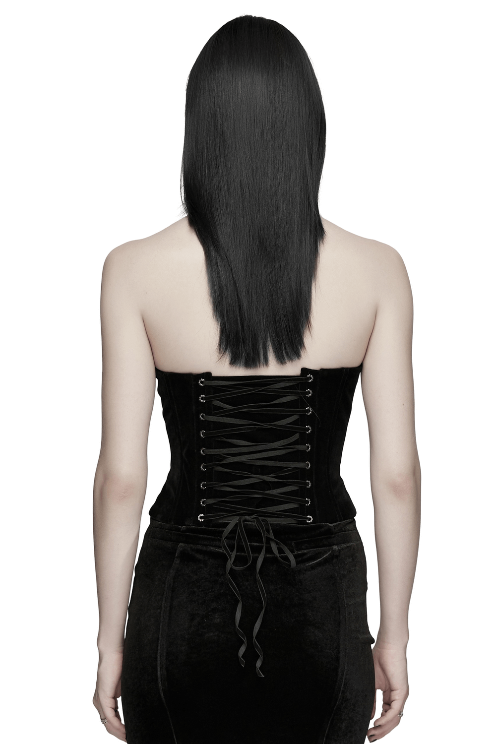 Gothic Embroidered Velvet Corset with Floral Lace, showcasing the intricate lacing and elegant back view.