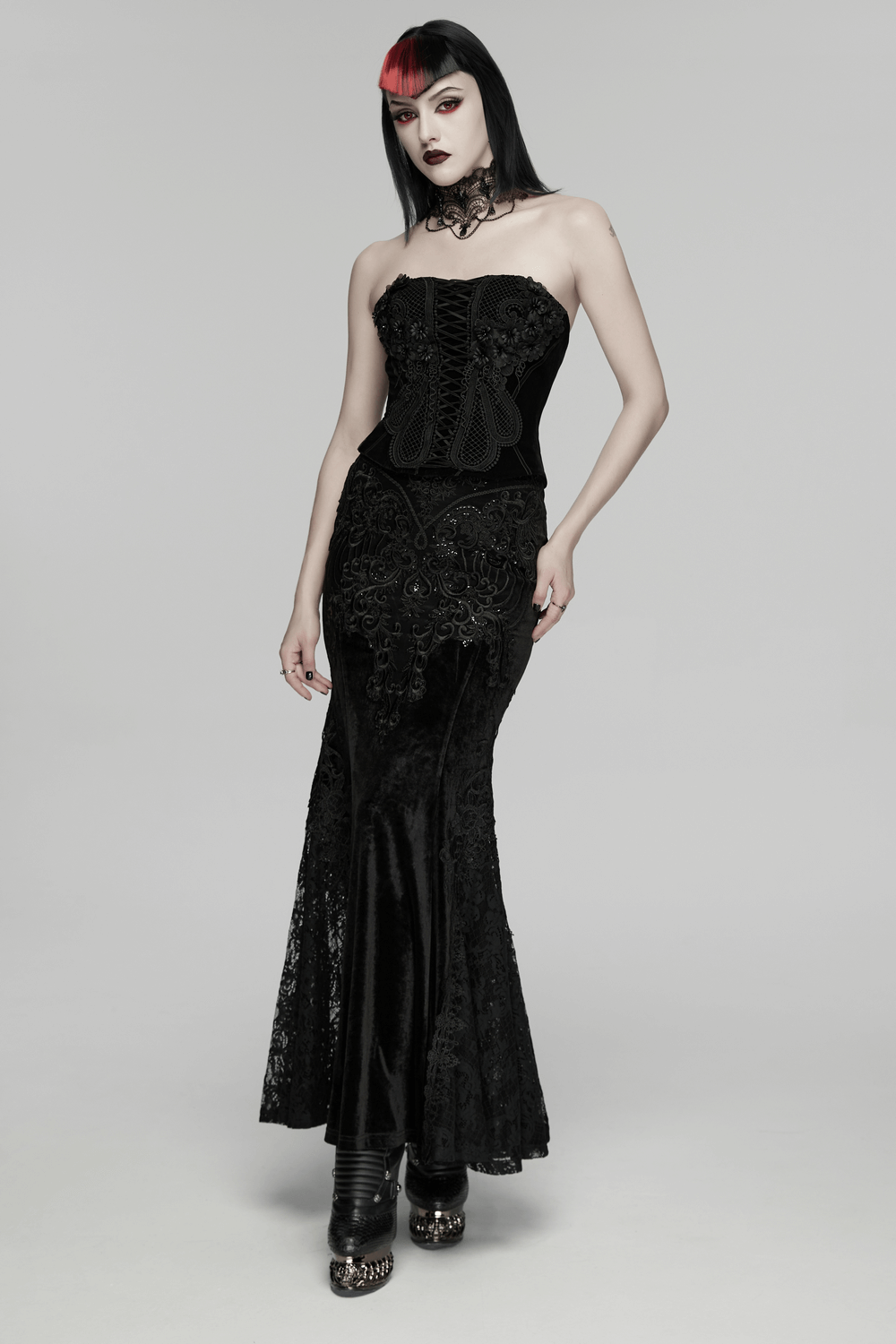 Gothic Embroidered Velvet Corset with Floral Lace worn by model, showcasing dark elegance and intricate floral details.