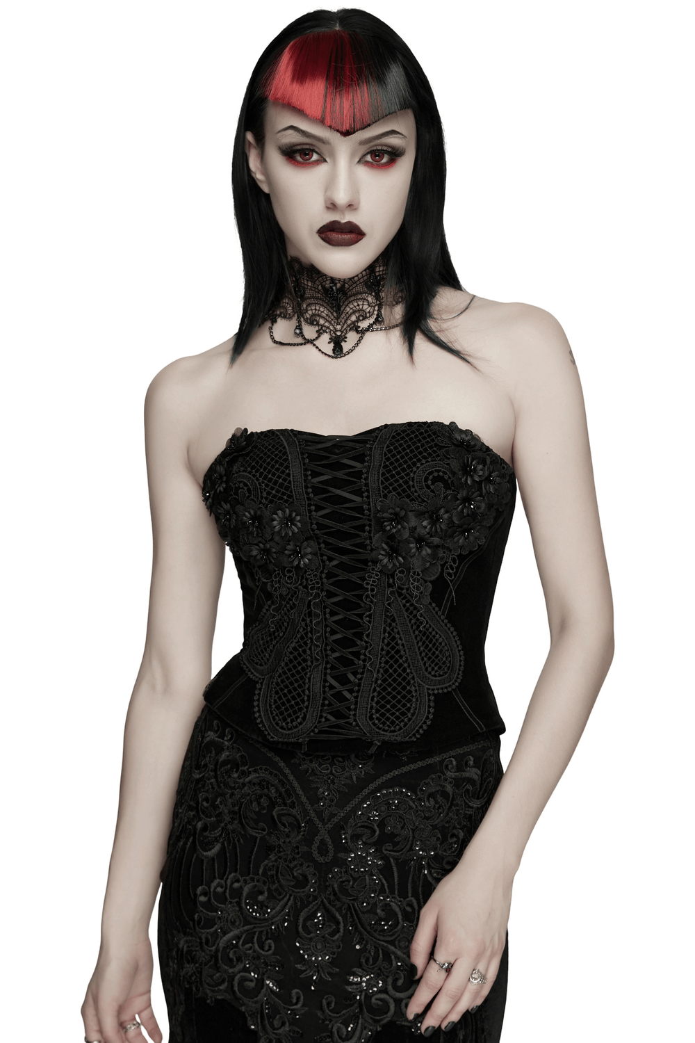 Gothic Embroidered Velvet Corset with Floral Lace worn by model, showcasing 3D floral mesh details.