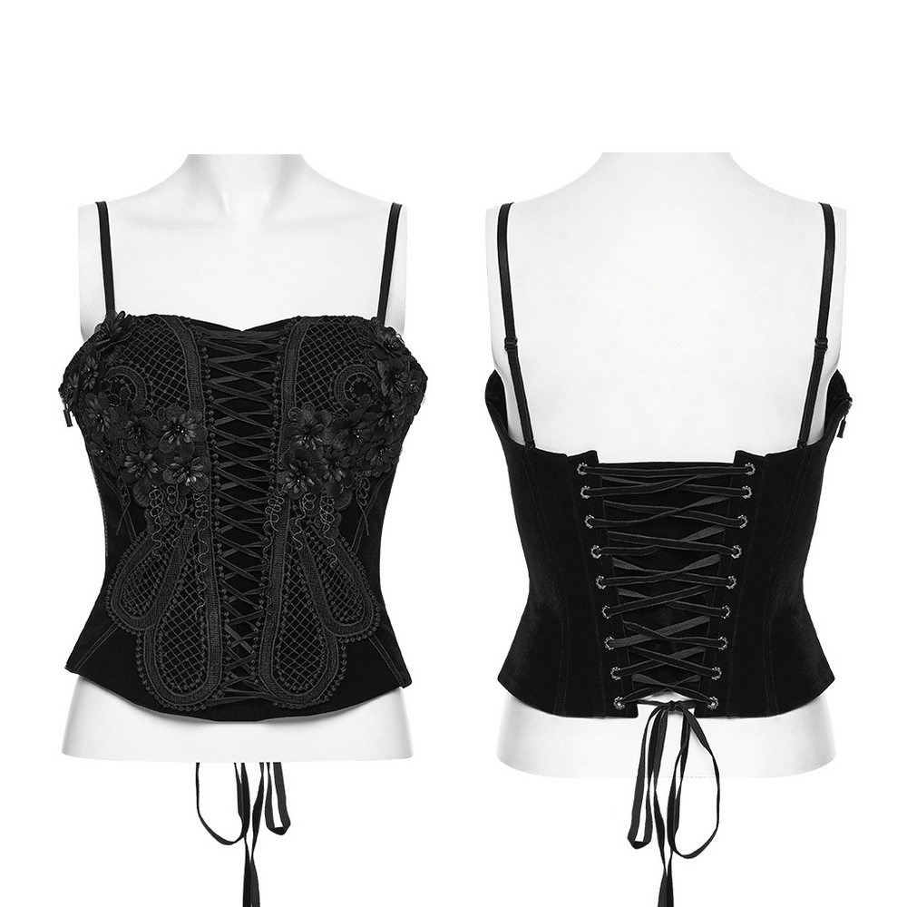 Gothic Embroidered Velvet Corset with Floral Lace displayed from front and back views, showcasing intricate lace details.