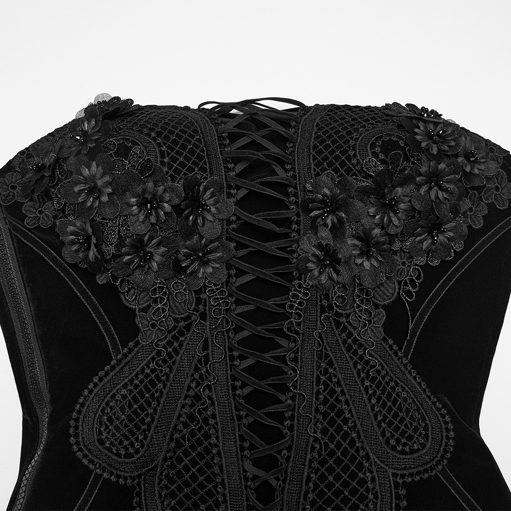 Gothic Embroidered Velvet Corset with Floral Lace back view showcasing intricate lace and floral details.