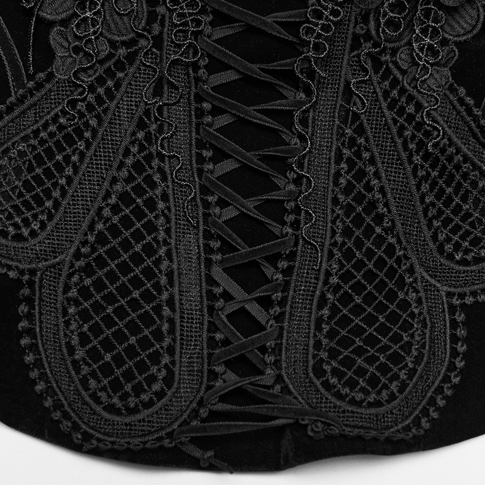 Gothic Embroidered Velvet Corset with Floral Lace showcasing intricate embroidery and lace details on black velvet.