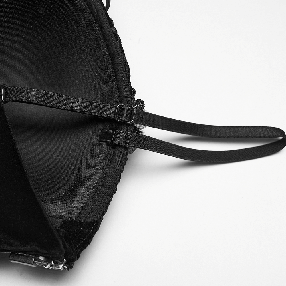 Gothic Embroidered Velvet Corset with Floral Lace interior view showing adjustable straps and velvet lining.