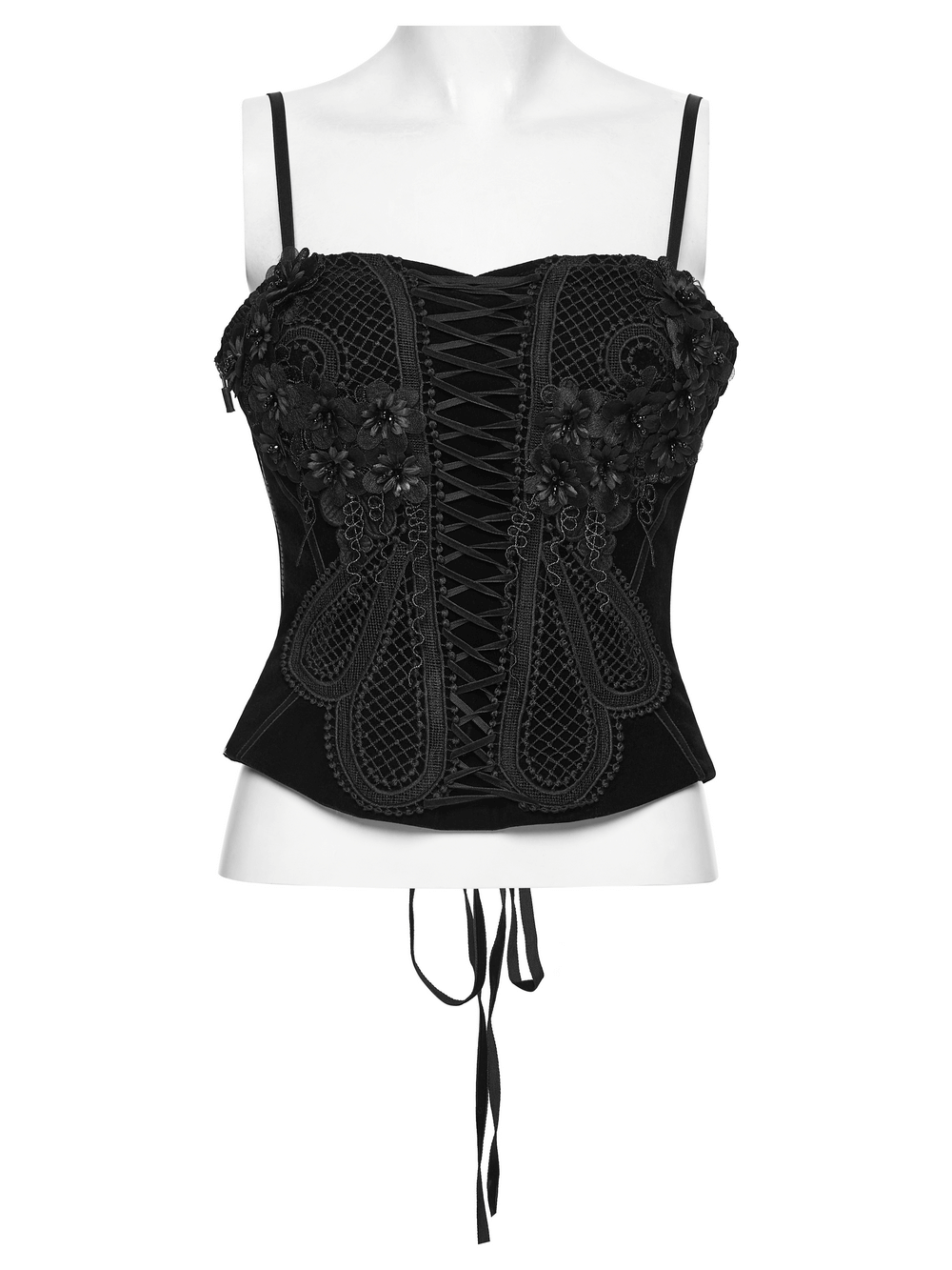 Gothic Embroidered Velvet Corset with Floral Lace featuring 3D floral mesh details and adjustable straps.