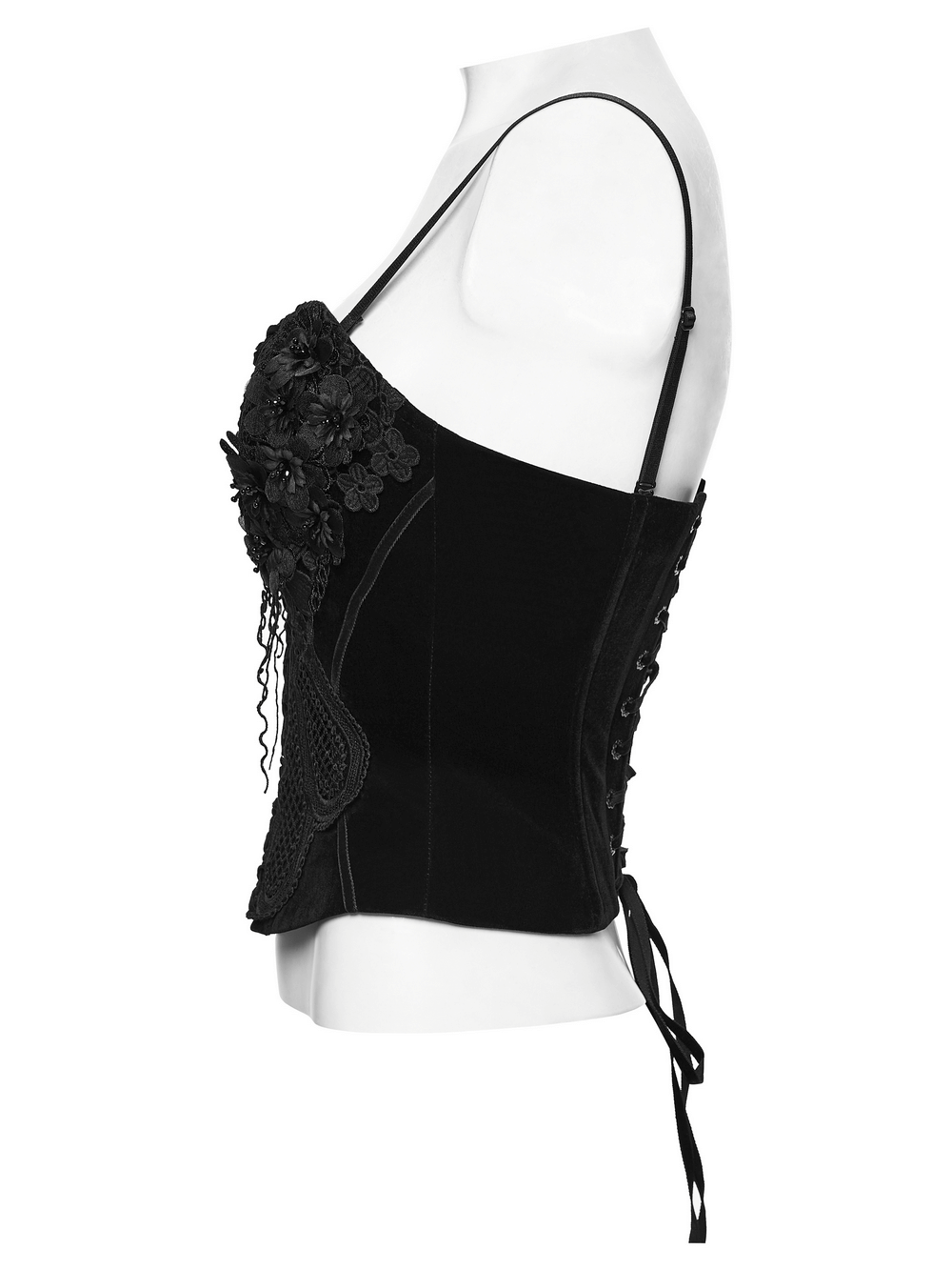 Gothic Embroidered Velvet Corset with Floral Lace showcasing intricate 3D mesh floral details and adjustable straps.