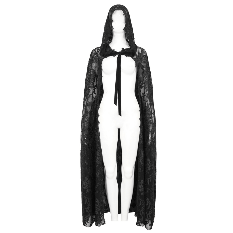 Gothic embroidered loose cape with hood and tie front, showcasing intricate lace details in dark elegance.