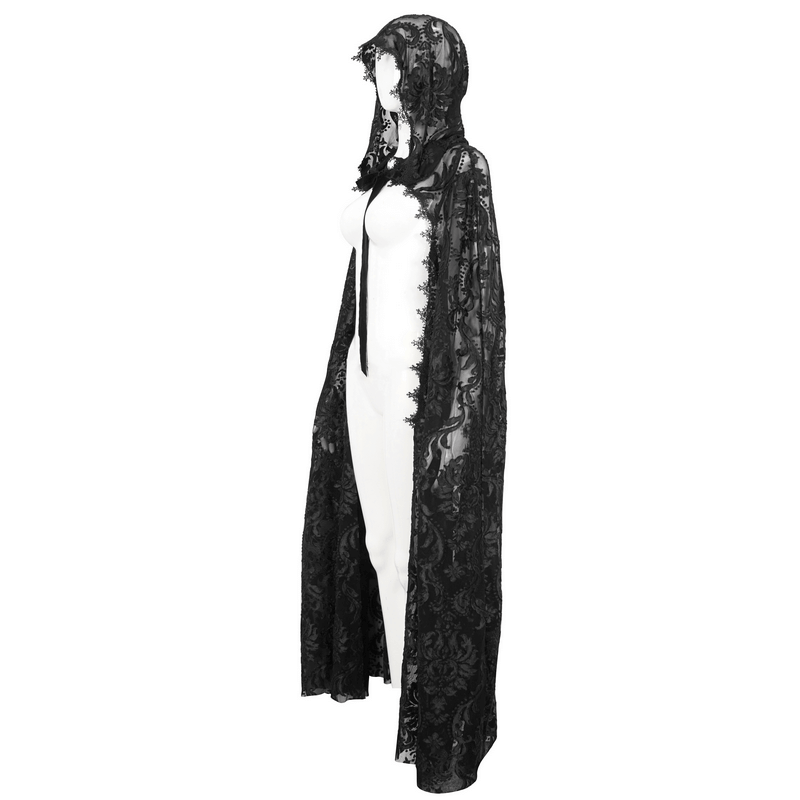 Elegant women's gothic embroidery hooded cape, featuring intricate lace details and a chic tie closure for a customizable fit.