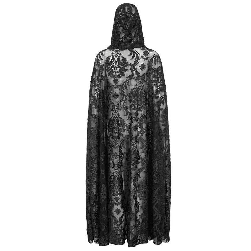Gothic embroidery loose cape with hood, showcasing intricate lace details and elegant dark design.