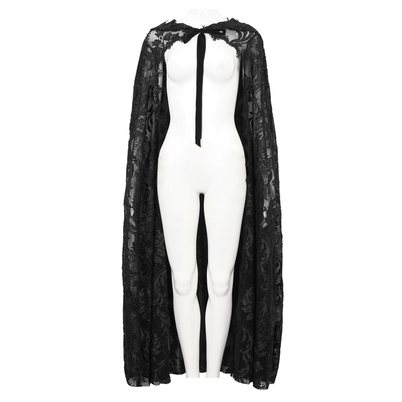Gothic embroidery loose cape with hood, long lace coat featuring a tie on the front, showcased on a mannequin.
