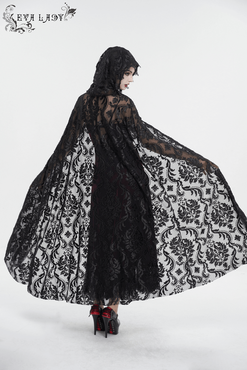 Gothic embroidery loose cape with hood features intricate lace and a flowing design, perfect for dark elegance.