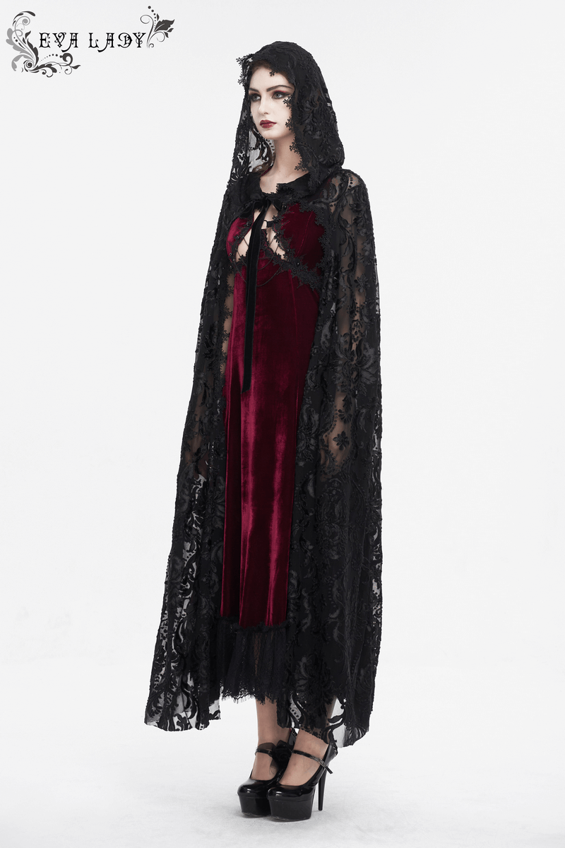 Gothic embroidery loose cape with hood, featuring intricate lace and a striking red velvet dress underneath.