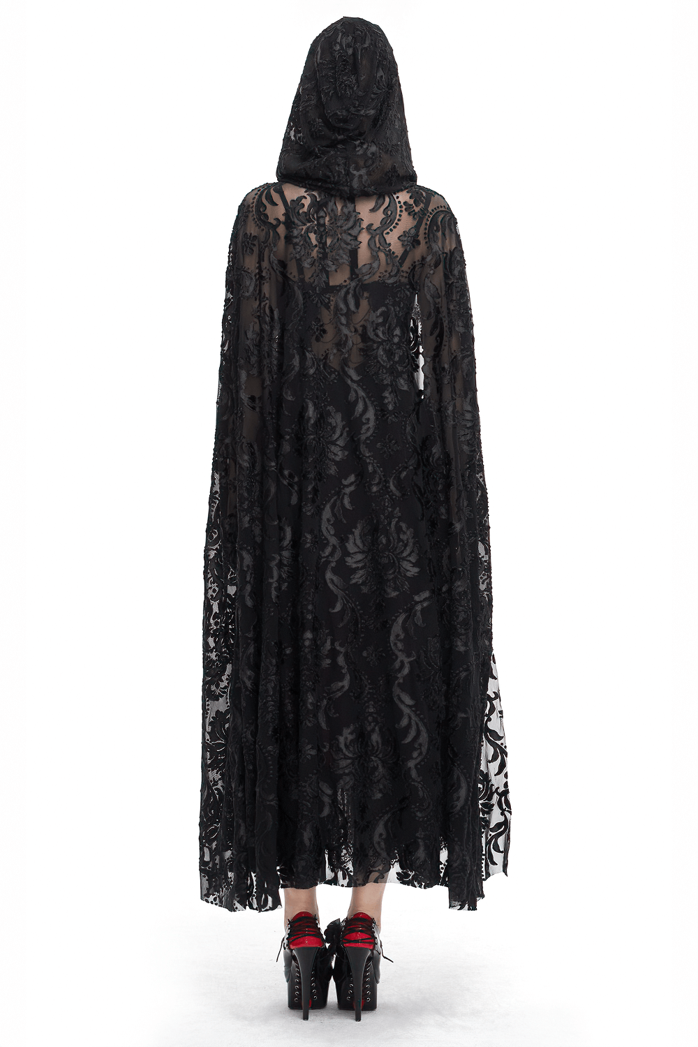 Back view of a gothic embroidery loose cape with hood, featuring intricate lace details and a flowing design.