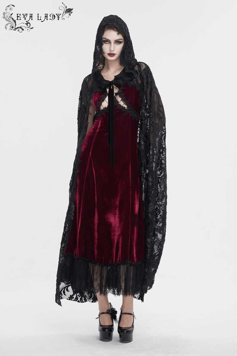 Women's Gothic Hooded Cape with Embroidery, Long Lace Coat, Dark Elegance, Stylish Tie Detail, Perfect for Mystical Occasions