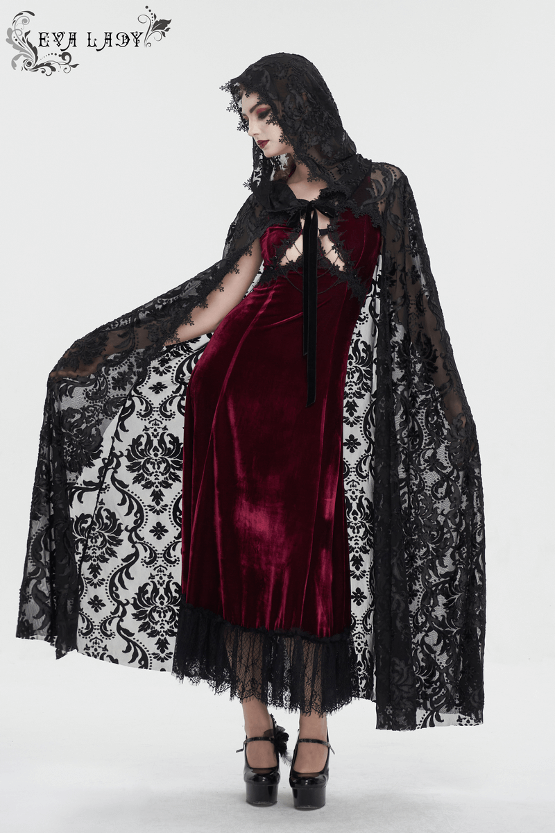 Gothic Embroidery Loose Cape WIth Hood / Long Lace Coat With Tie On Front - HARD'N'HEAVY