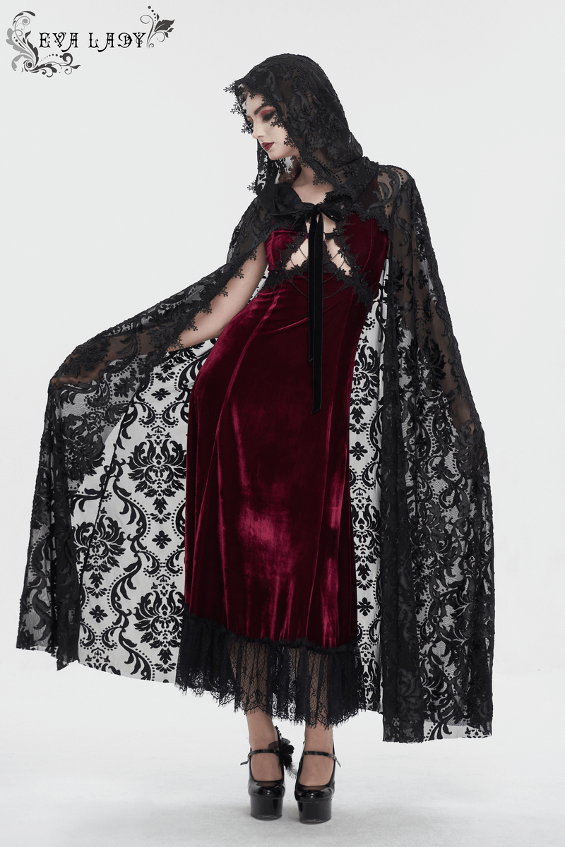Gothic embroidery hooded cape with lace details over a velvet dress, showcasing dark elegance and trendy flair.