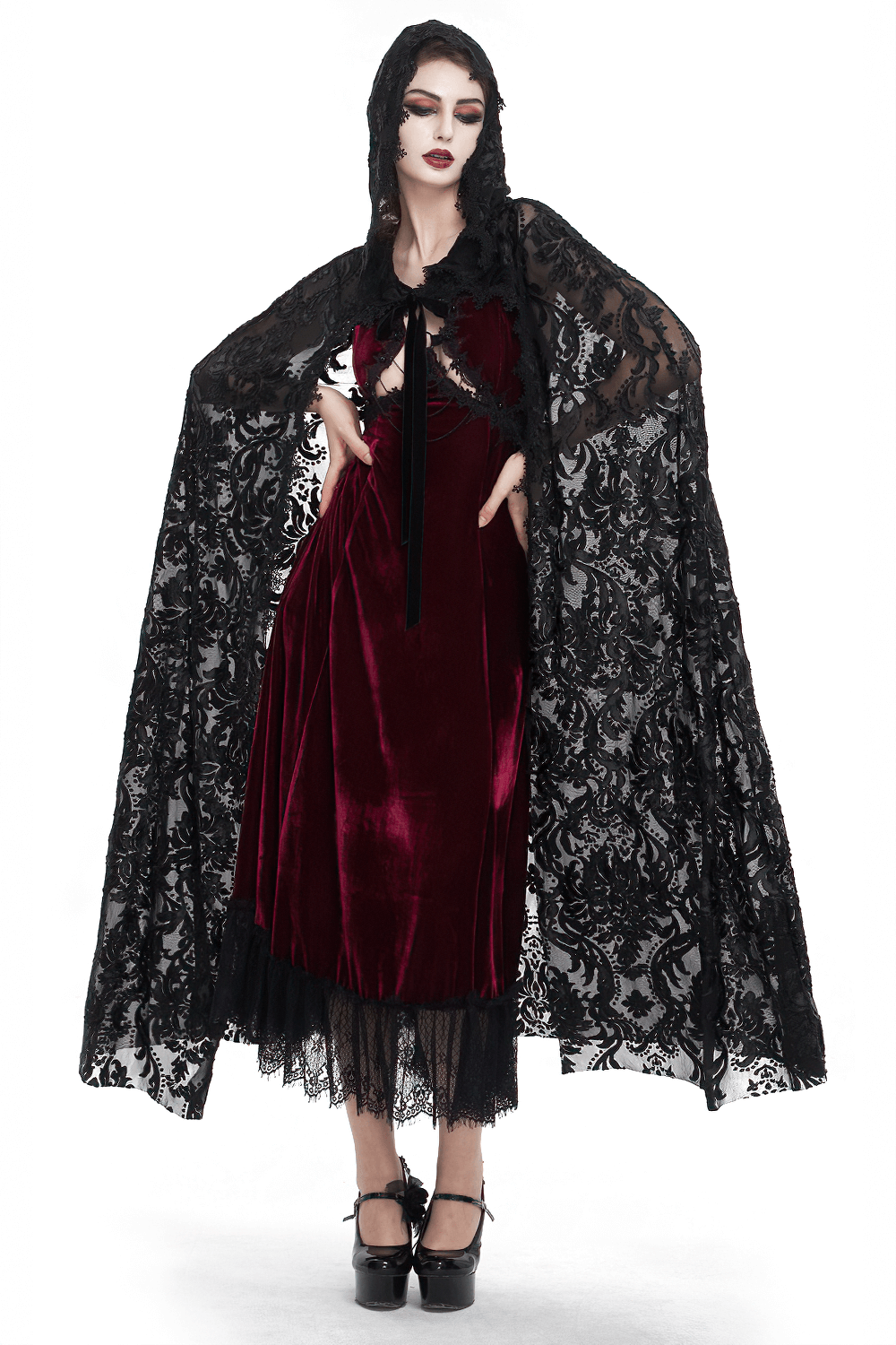 Gothic embroidery loose cape with hood showcasing intricate lace over a velvet dress, perfect for dark elegance.